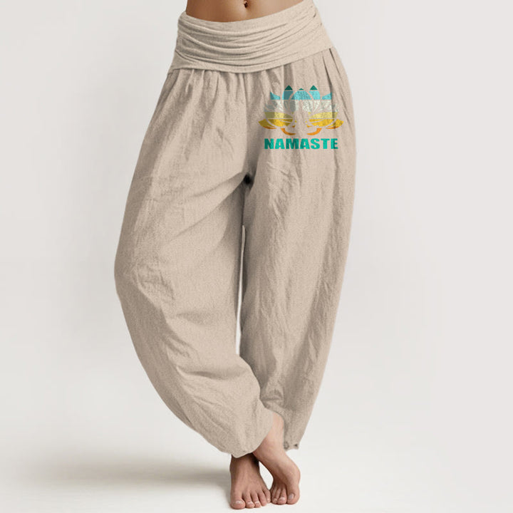 Buddha Stones "Namaste" Meditating Figure Lotus Pattern Women's Elastic Waist Harem Pure Cotton Pants - Tan - US16，UK/AU20，EU48 (3XL) - image 11