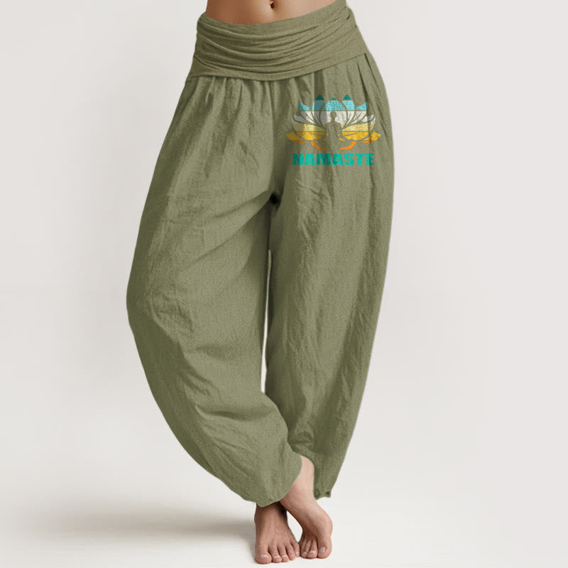 Buddha Stones "Namaste" Meditating Figure Lotus Pattern Women's Elastic Waist Harem Pure Cotton Pants - OliveDrab - US16，UK/AU20，EU48 (3XL) - image 14