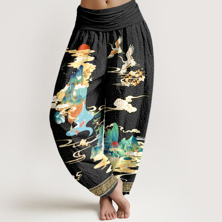 Buddha Stones Pure Cotton Landscape Cranes Clouds Pattern Women's Elastic Waist Harem Pants - Black - US16，UK/AU20，EU48 (3XL) - image 0
