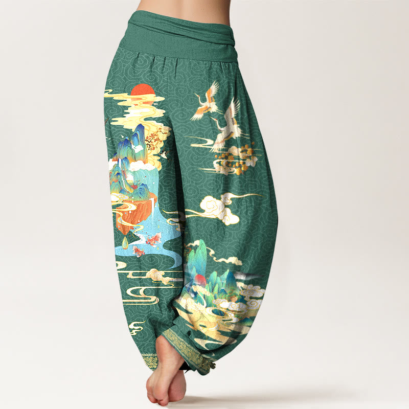 Buddha Stones Pure Cotton Landscape Cranes Clouds Pattern Women's Elastic Waist Harem Pants - image 6