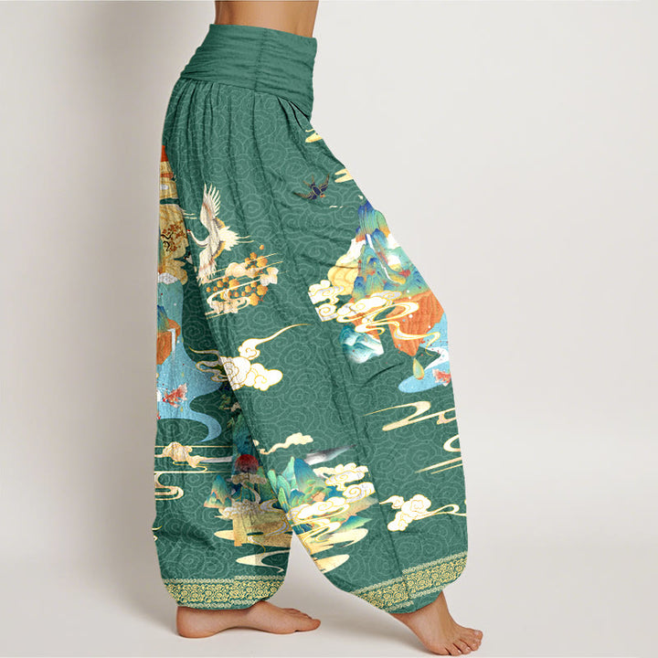 Buddha Stones Pure Cotton Landscape Cranes Clouds Pattern Women's Elastic Waist Harem Pants - image 7