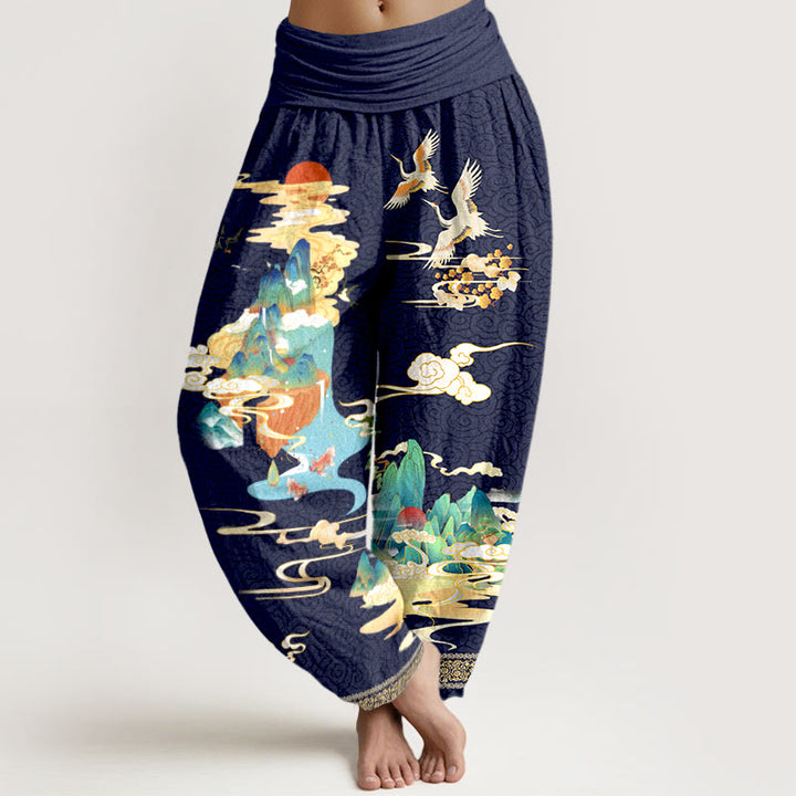 Buddha Stones Pure Cotton Landscape Cranes Clouds Pattern Women's Elastic Waist Harem Pants - MidnightBlue - US16，UK/AU20，EU48 (3XL) - image 8