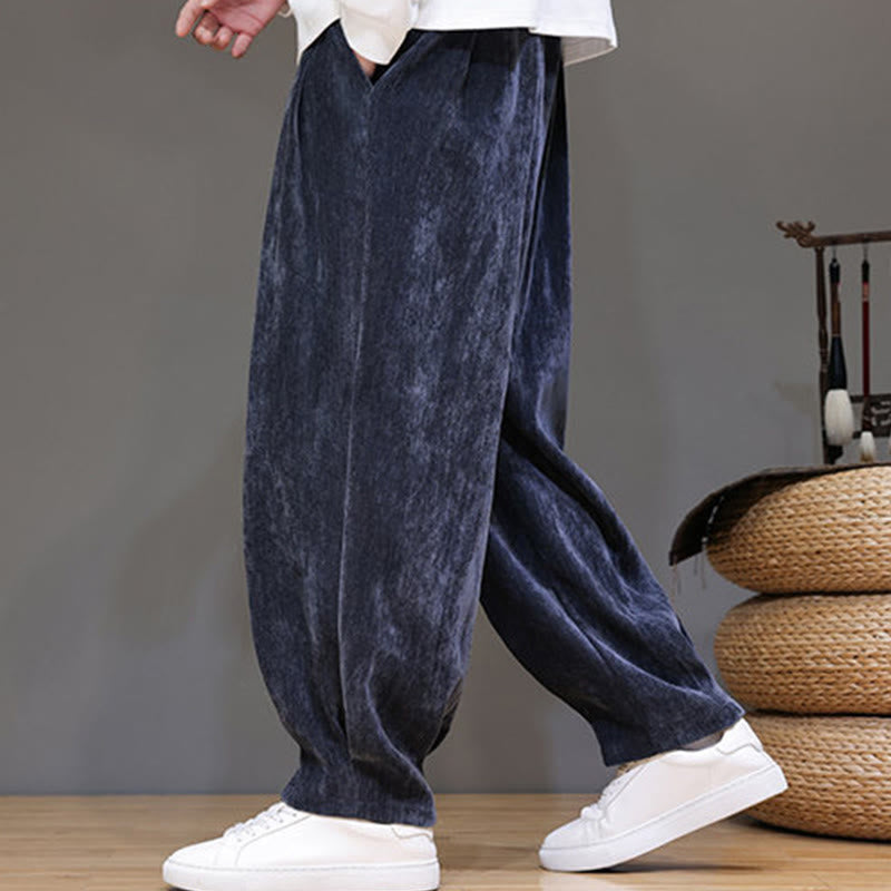 Buddha Stones Winter Pure Color Cotton Men's Harem Thickened Fleece-lined Pants With Pockets - image 2