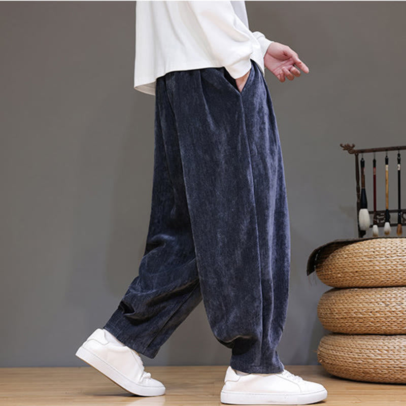 Buddha Stones Winter Pure Color Cotton Men's Harem Thickened Fleece-lined Pants With Pockets - image 6