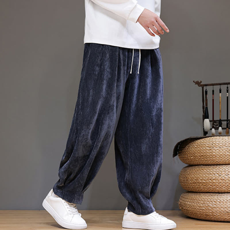 Buddha Stones Winter Pure Color Cotton Men's Harem Thickened Fleece-lined Pants With Pockets - image 0
