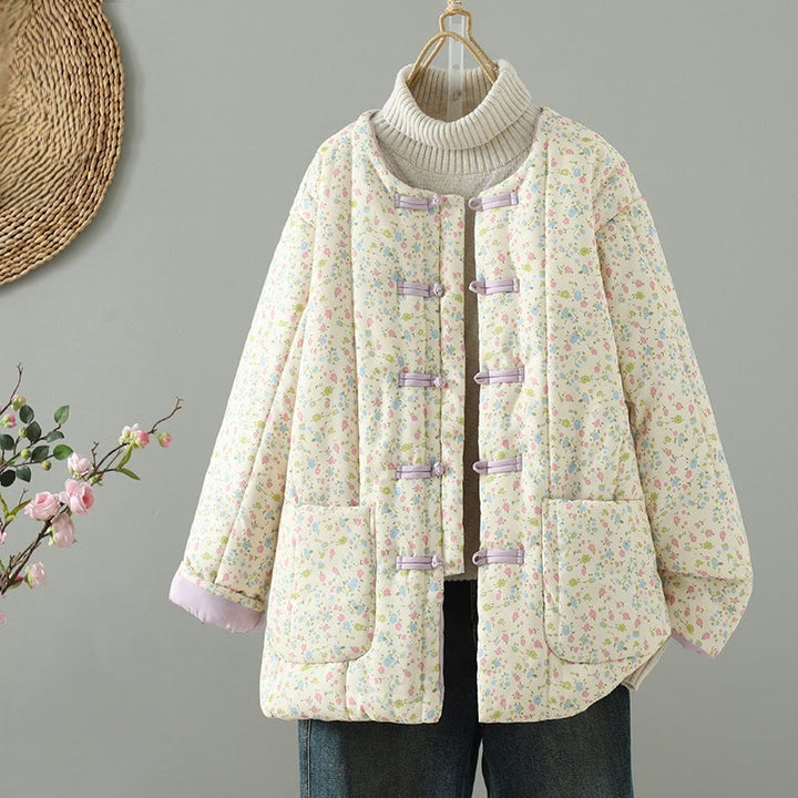 Buddha Stones Button Design Floral Pattern Women's Cotton Long Sleeve Thickened Jacket With Pockets - Cornsilk - US8-10，UK/AU12-14，EU40-42 (2XL) - image 0