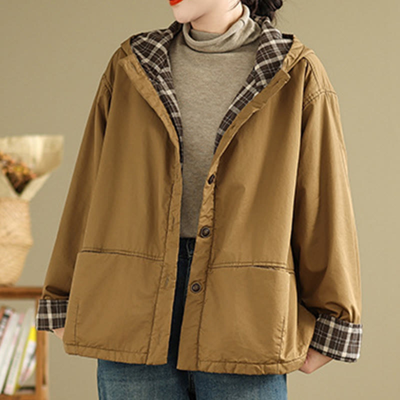 Buddha Stones Plaid Hoodie Pattern Women's Long Sleeve Cotton Thickened Jacket With Pockets - image 2