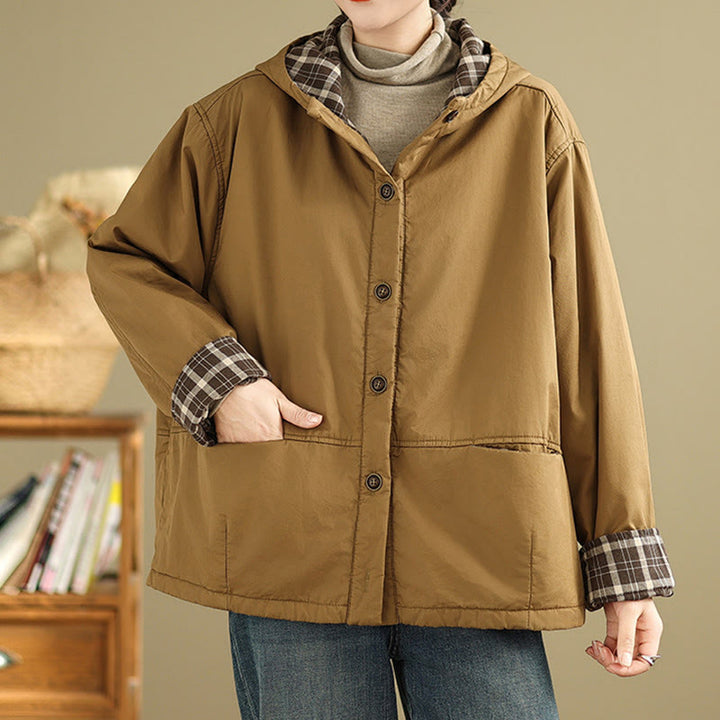 Buddha Stones Plaid Hoodie Pattern Women's Long Sleeve Cotton Thickened Jacket With Pockets - image 1