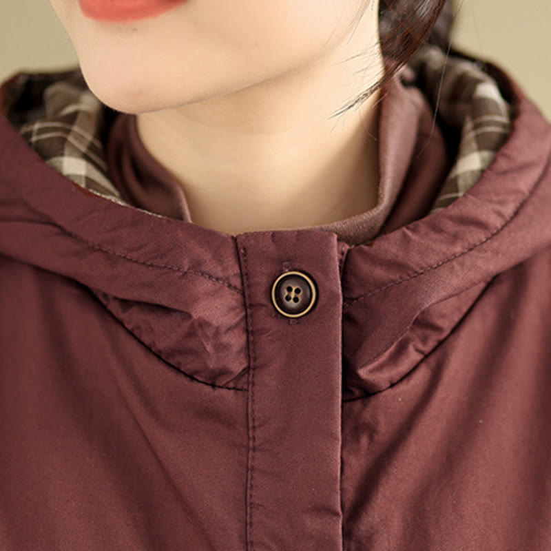 Buddha Stones Plaid Hoodie Pattern Women's Long Sleeve Cotton Thickened Jacket With Pockets - image 9