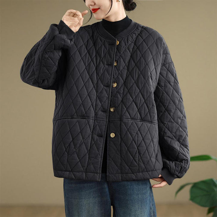 Buddha Stones Diamond Grid Pattern Women's Long Sleeve Cotton Thickened Jacket With Pockets - image 3