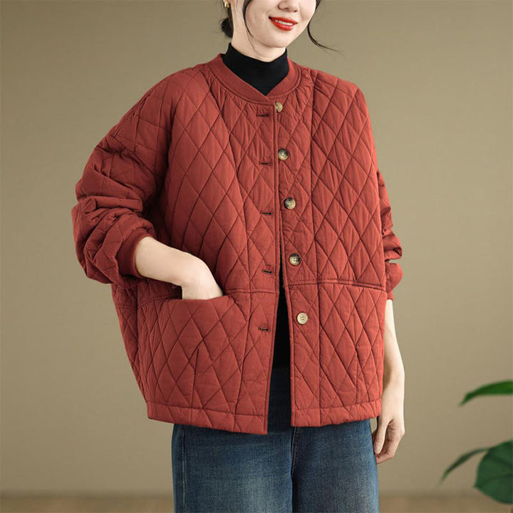 Buddha Stones Diamond Grid Pattern Women's Long Sleeve Cotton Thickened Jacket With Pockets - image 14