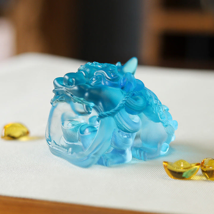 Buddha Stones Handmade Liuli Crystal Gold Swallowing PiXiu Art Piece Home Decoration - Blue Pixiu 7.8*6.5*5.5 cm - image 8