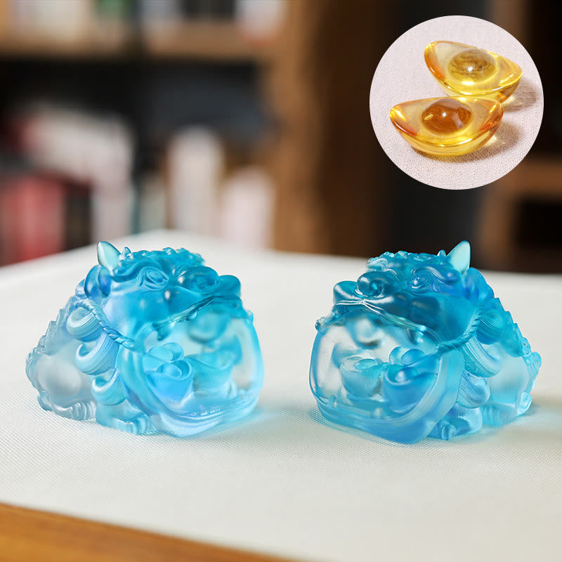 Buddha Stones Handmade Liuli Crystal Gold Swallowing PiXiu Art Piece Home Decoration - A Pair of Blue Pixiu(with Two 4cm Ingots) - image 12