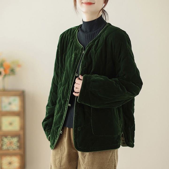 Buddha Stones Diamond Pattern Short Style Women's Long Sleeve Thickened Jacket With Pockets - DarkGreen - US12，UK/AU16，EU44 (2XL) - image 0