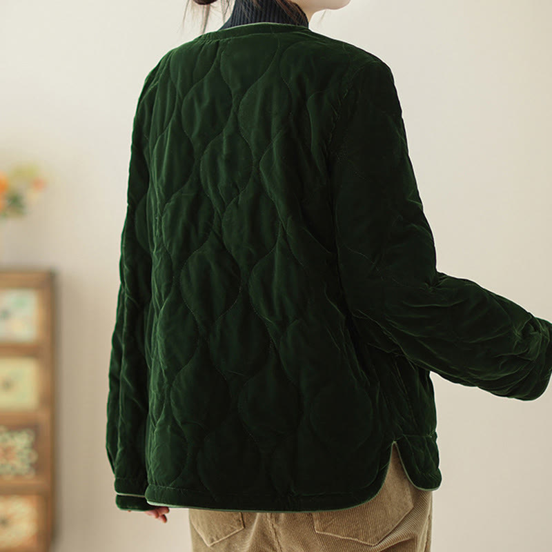 Buddha Stones Diamond Pattern Short Style Women's Long Sleeve Thickened Jacket With Pockets - image 6