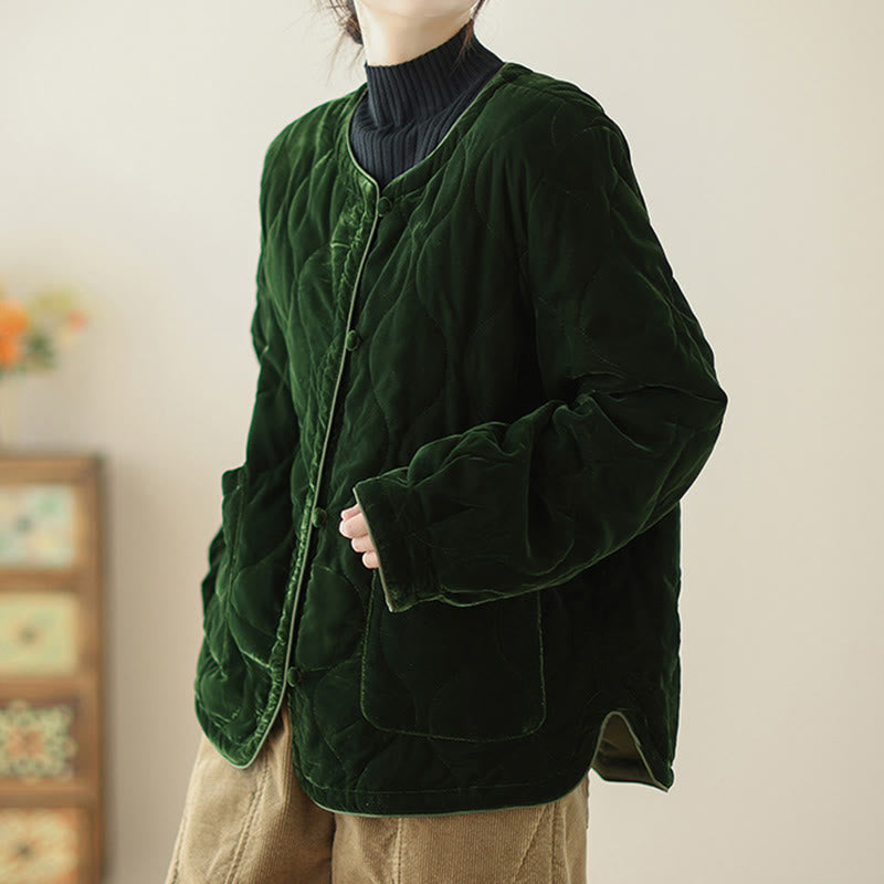 Buddha Stones Diamond Pattern Short Style Women's Long Sleeve Thickened Jacket With Pockets - image 4