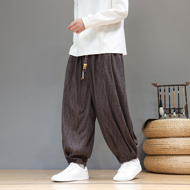 Buddha Stones Fall Jacquard Plaid Pattern Cotton Corduroy Men's Harem Pants With Pockets - SaddleBrown - US/UK/AU46，EU56 (5XL) - image 0