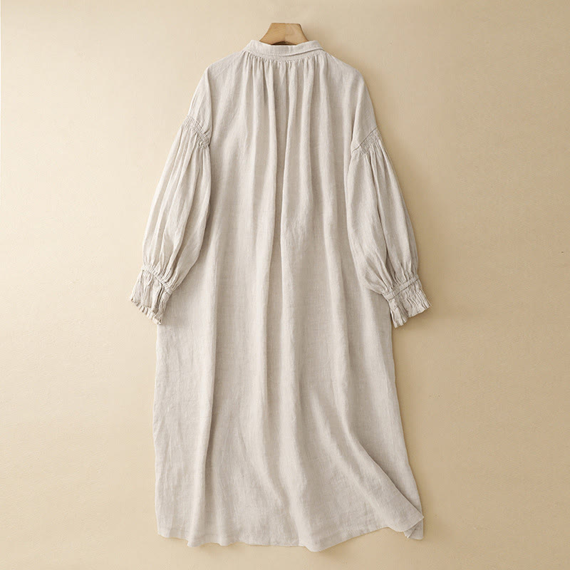 Buddha Stones Beige Buttons Lapel Design Long Sleeve Cotton Midi Dress With Pockets - image 1