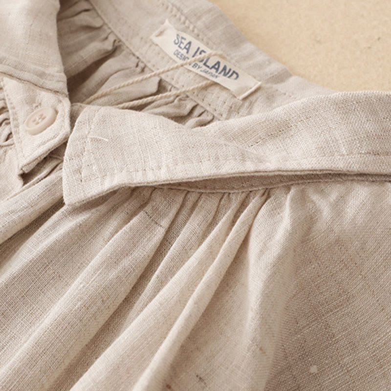 Buddha Stones Beige Buttons Lapel Design Long Sleeve Cotton Midi Dress With Pockets - image 3