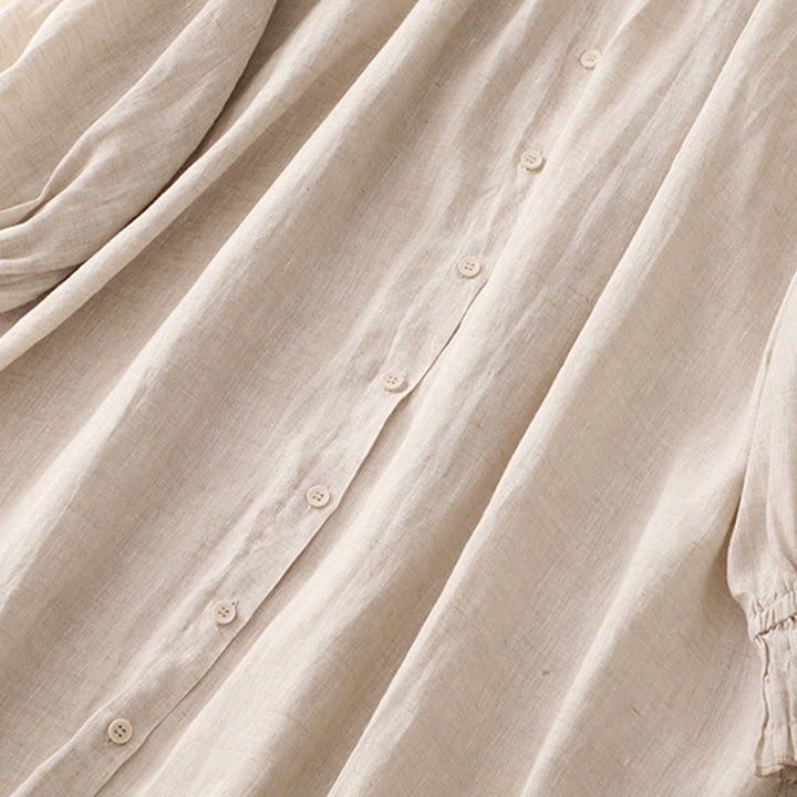 Buddha Stones Beige Buttons Lapel Design Long Sleeve Cotton Midi Dress With Pockets - image 5