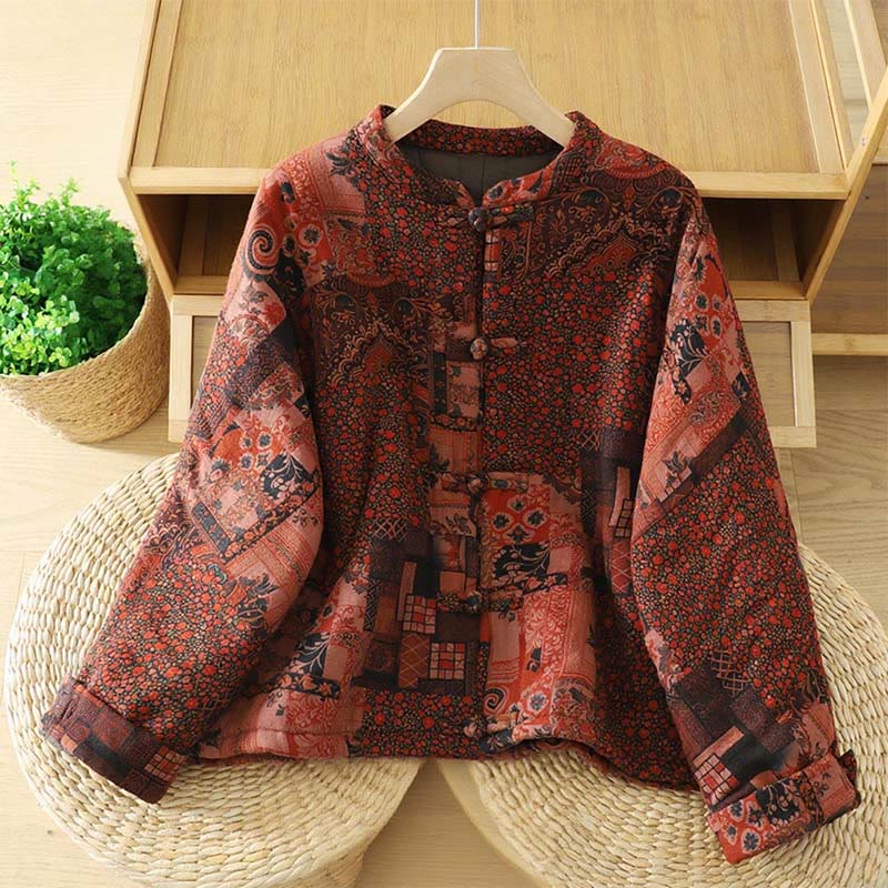 Buddha Stones Women's Ethnic Floral Long Sleeve Frog-buttons Cotton Thermal Jacket - FireBrick - US12，UK/AU16，EU44 (XL) - image 0