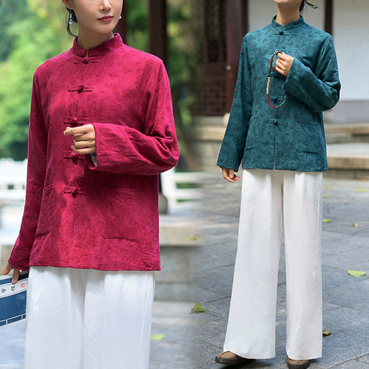 Buddha Stones Frog-Button Long Sleeve Cotton Jacquard Women's Shirt Pants With Pockets - image 19