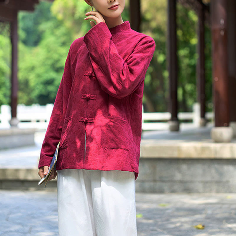 Buddha Stones Frog-Button Long Sleeve Cotton Jacquard Women's Shirt Pants With Pockets - image 9