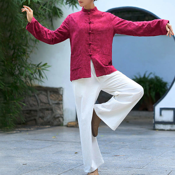 Buddha Stones Frog-Button Long Sleeve Cotton Jacquard Women's Shirt Pants With Pockets - image 20