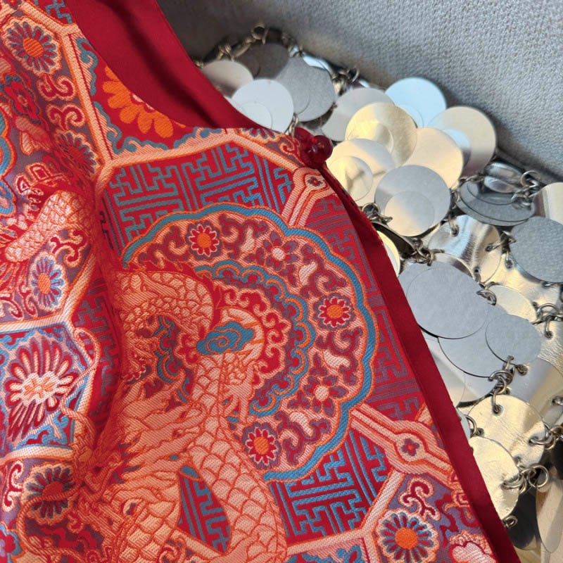 Buddha Stones Frog-Button Dragon Flower Bamboo Jacquard Design Women's Vest Waistcoat Shirt - image 6