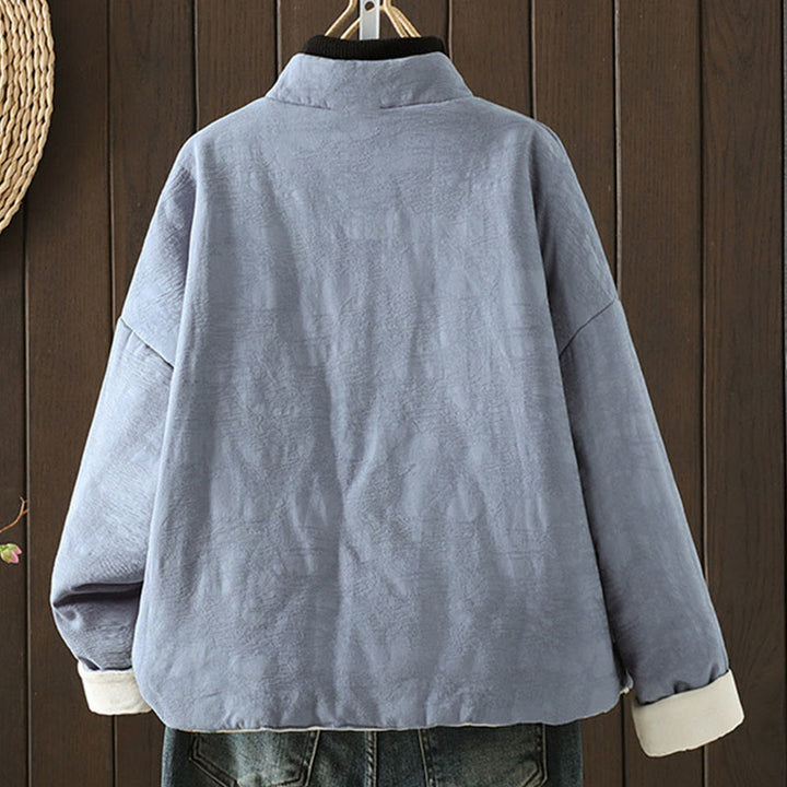 Buddha Stones Frog-button Solid Color Pattern Women's Long Sleeve Cotton Thick Jacket With Floral Cuffs - image 1