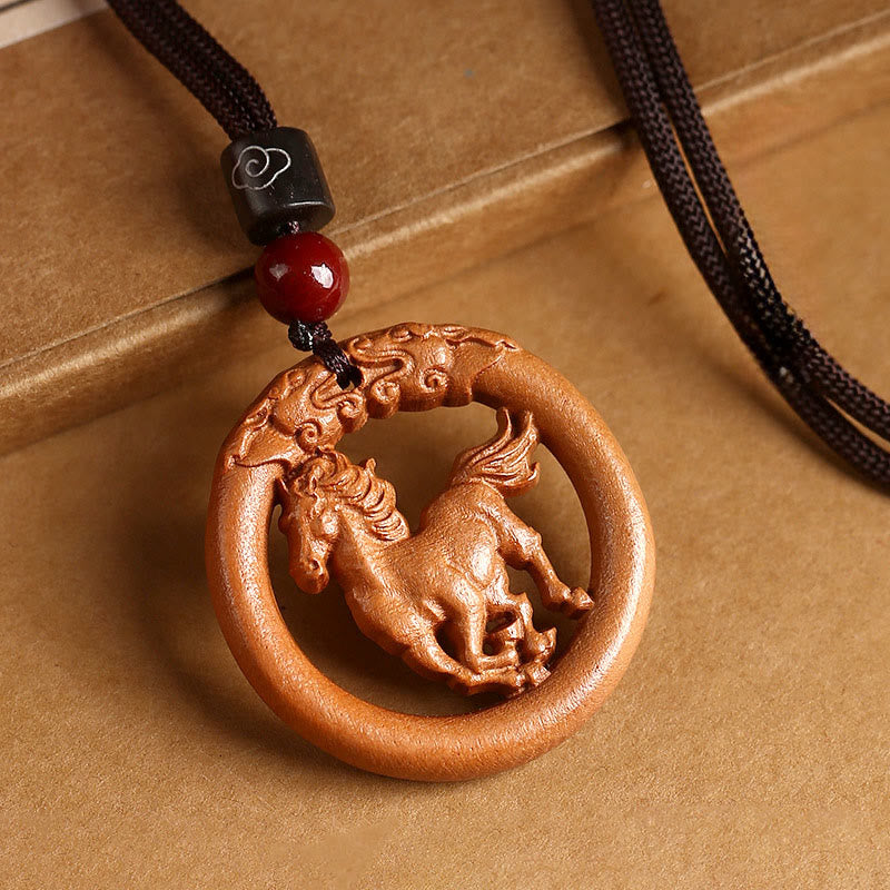 Buddha Stones Peach Wood  Chinese Zodiac Year Of The Horse  Ward Off Evil Spirits Necklace Pendants - Peach Wood-Horse - Brown Rope - image 0