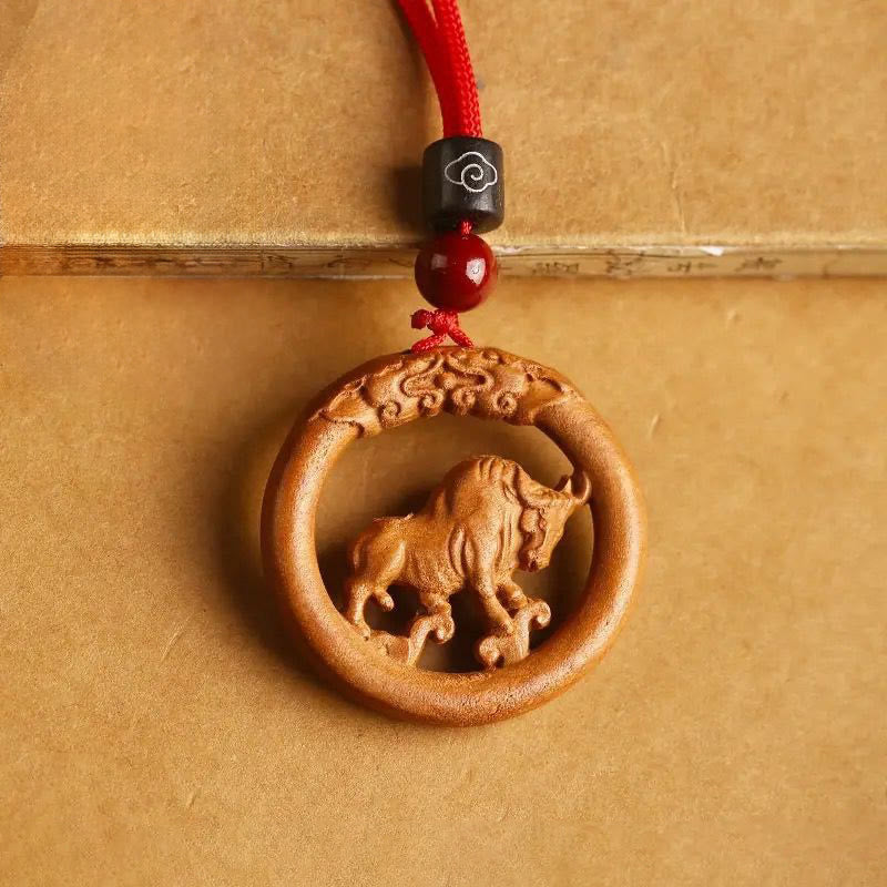 Buddha Stones Peach Wood  Chinese Zodiac Year Of The Horse  Ward Off Evil Spirits Necklace Pendants - Peach Wood-Ox - Red Rope - image 11