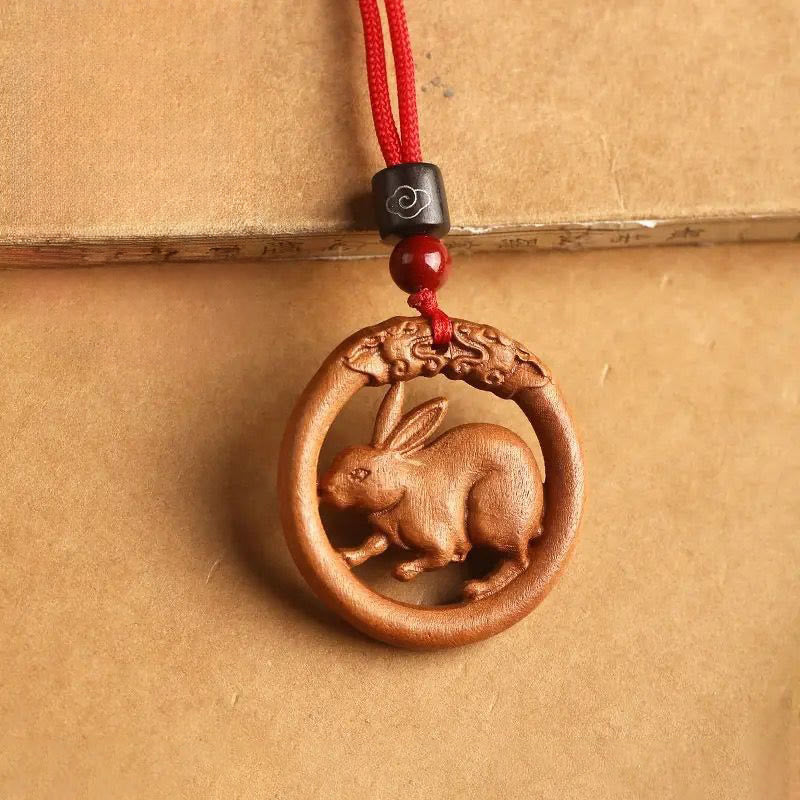 Buddha Stones Peach Wood  Chinese Zodiac Year Of The Horse  Ward Off Evil Spirits Necklace Pendants - Peach Wood-Rabbit - Red Rope - image 15