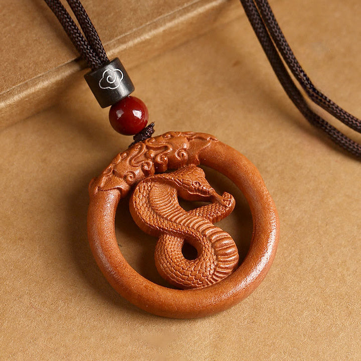 Buddha Stones Peach Wood  Chinese Zodiac Year Of The Horse  Ward Off Evil Spirits Necklace Pendants - Peach Wood-Snake - Brown Rope - image 24
