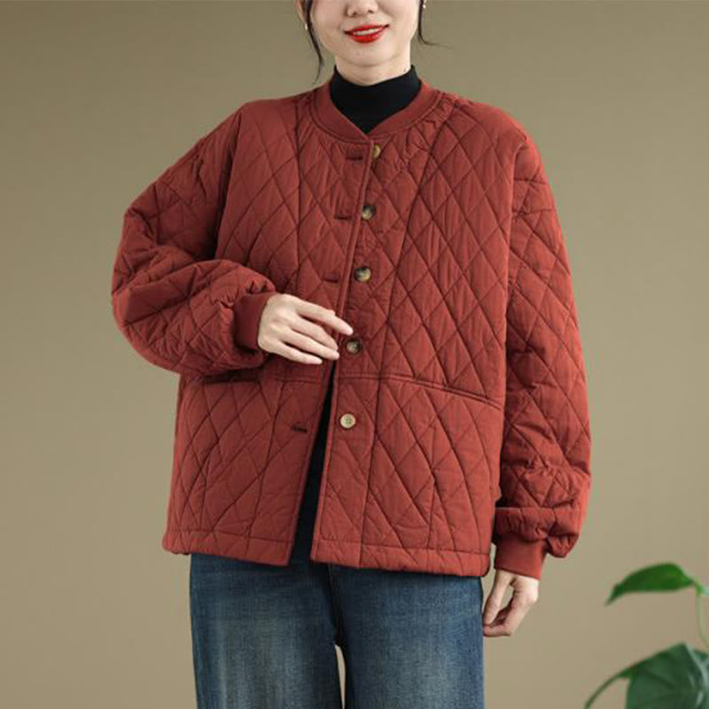 Buddha Stones Diamond Grid Pattern Women's Long Sleeve Cotton Thickened Jacket With Pockets - image 12