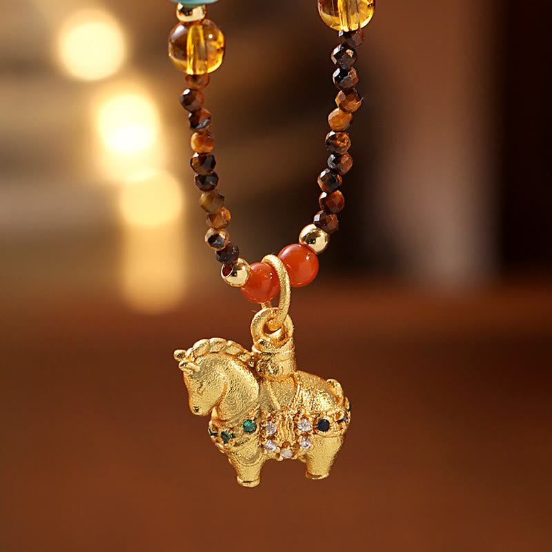 Buddha Stones Tiger Eye Protection Golden Year Of The Horse Necklace Pendant - image 1