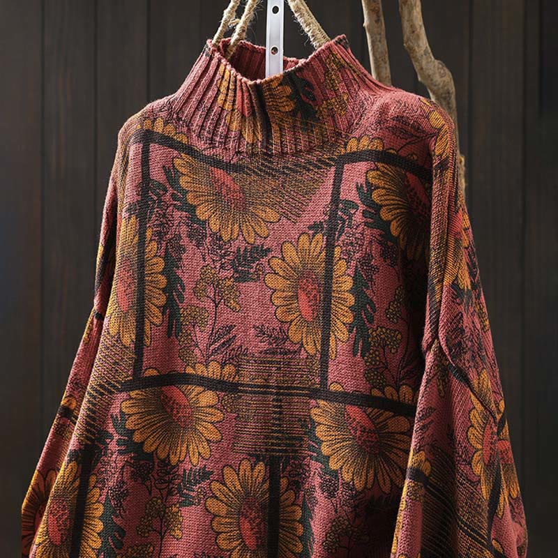 Buddha Stones Sunflower Pattern Mock Neck Long Sleeve Women's Cotton Sweater - image 14