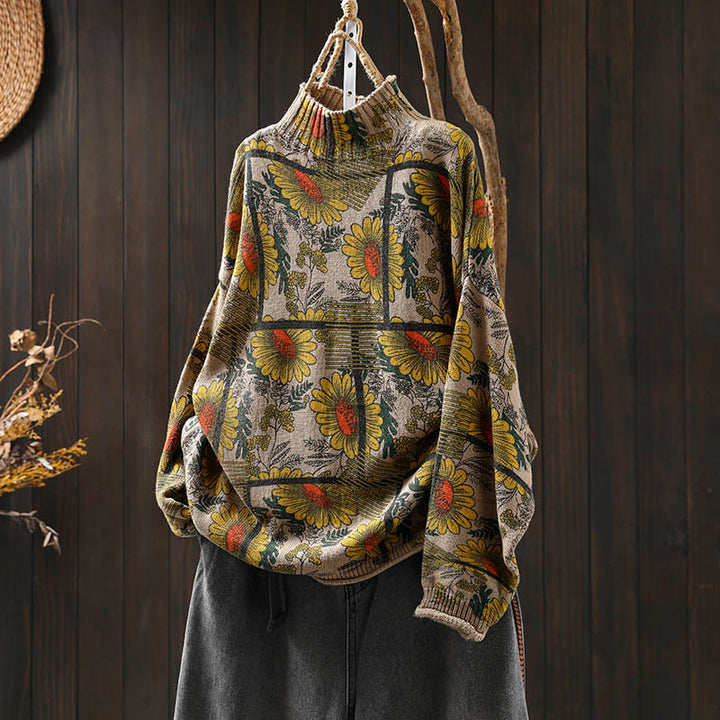 Buddha Stones Sunflower Pattern Mock Neck Long Sleeve Women's Cotton Sweater - Linen - US4-8/10，UK/AU8-12/14，EU36-40/42 (F) - image 0