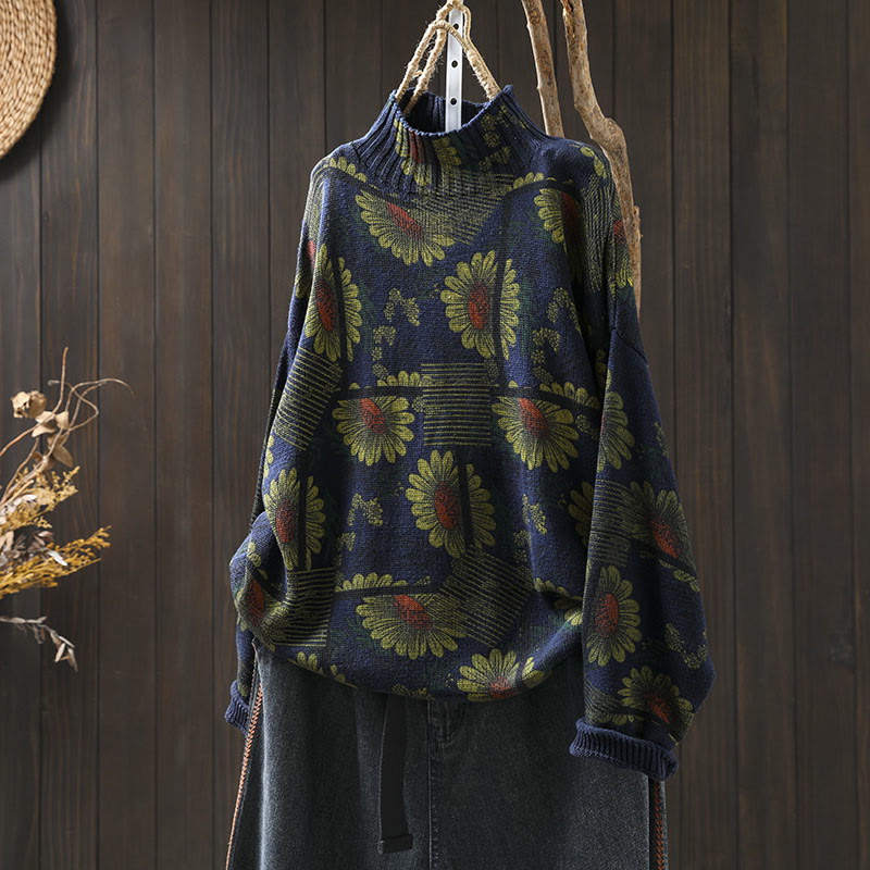 Buddha Stones Sunflower Pattern Mock Neck Long Sleeve Women's Cotton Sweater - MidnightBlue - US4-8/10，UK/AU8-12/14，EU36-40/42 (F) - image 2