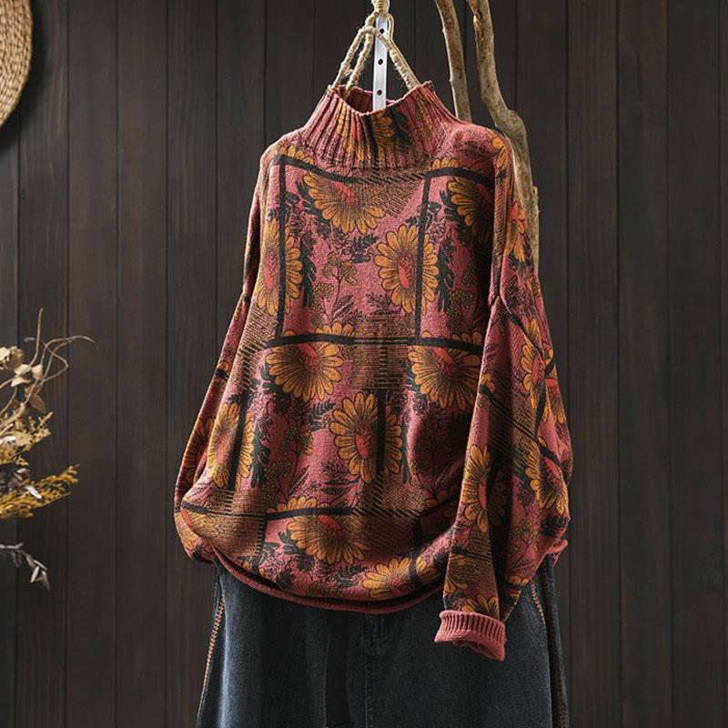 Buddha Stones Sunflower Pattern Mock Neck Long Sleeve Women's Cotton Sweater - OrangeRed - US4-8/10，UK/AU8-12/14，EU36-40/42 (F) - image 13