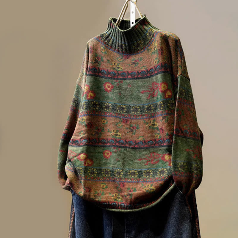 Buddha Stones Winter Color-block Flower Pattern Mock Neck Long Sleeve Women's Cotton Sweater - DarkOliveGreen - US4-6，UK/AU8-10，EU36-38 (F) - image 15