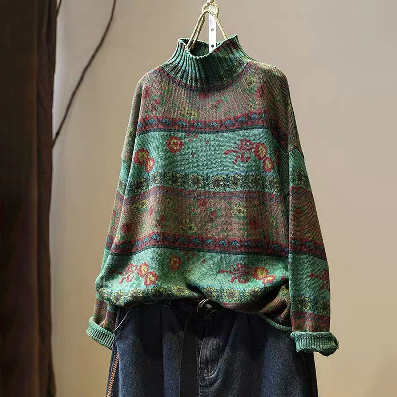 Buddha Stones Winter Color-block Flower Pattern Mock Neck Long Sleeve Women's Cotton Sweater - MediumSeaGreen - US4-6，UK/AU8-10，EU36-38 (F) - image 2