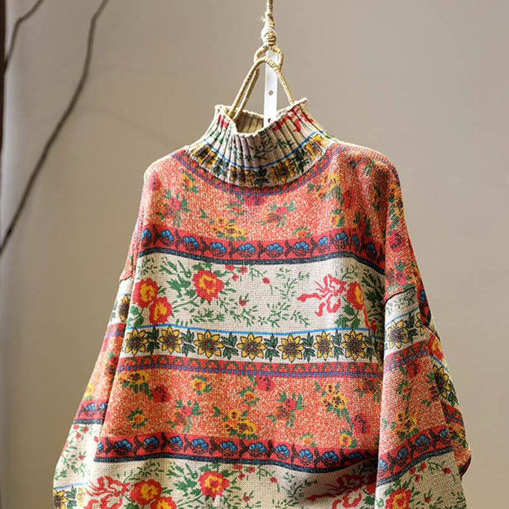 Buddha Stones Winter Color-block Flower Pattern Mock Neck Long Sleeve Women's Cotton Sweater - image 1