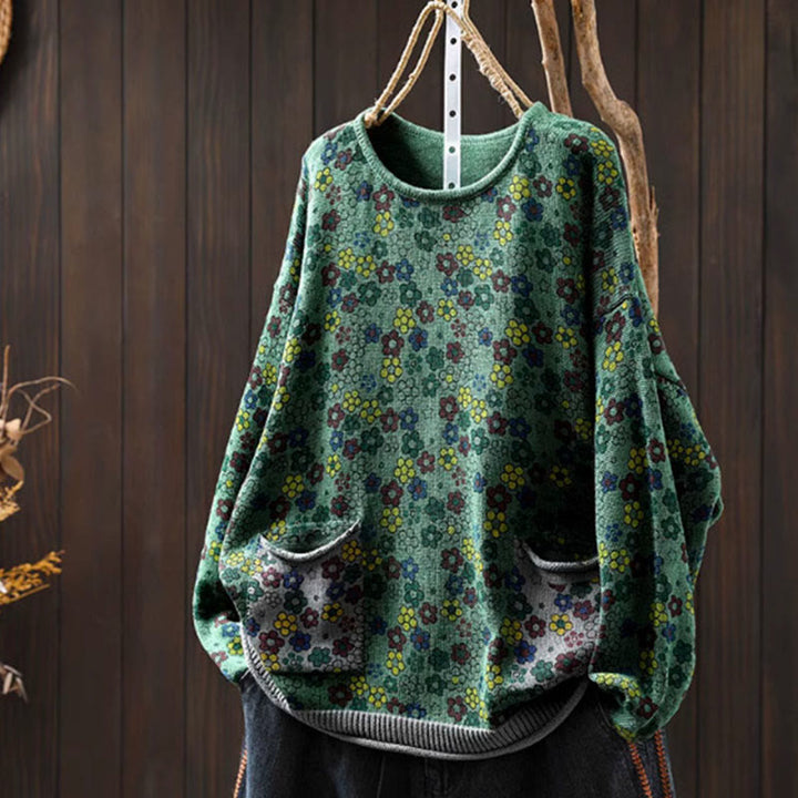 Buddha Stones Knitted Colorful Flowers Pattern Women's Cotton Long Sleeve Sweater With Pockets - MediumSeaGreen - US4-6，UK/AU8-10，EU36-38 (F) - image 2
