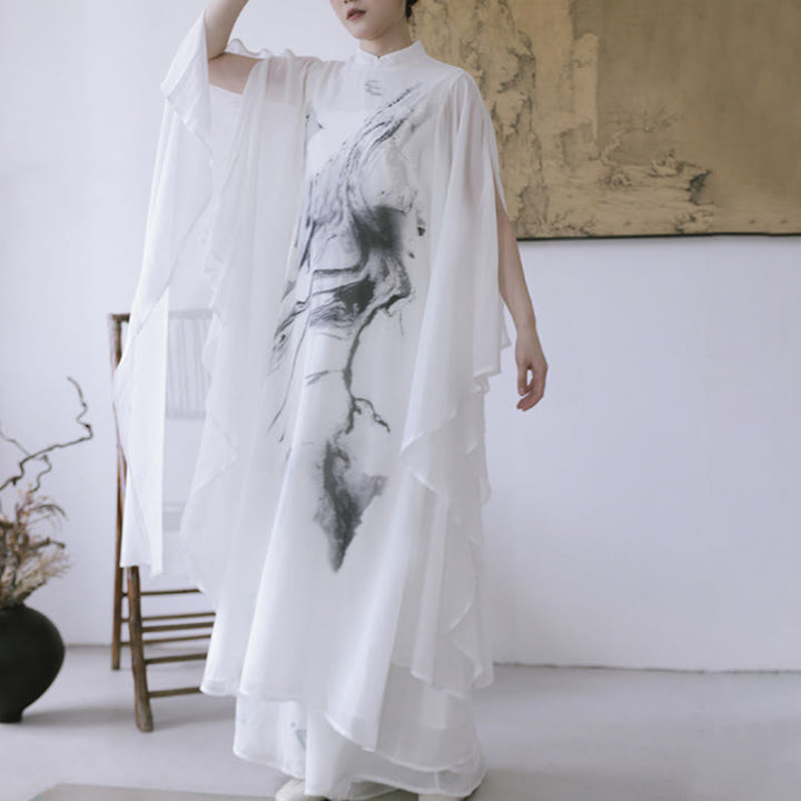 Buddha Stones White Ink Print Design Short Sleeve Women's Meditation Midi Dress Pants Zen Clothing - image 9