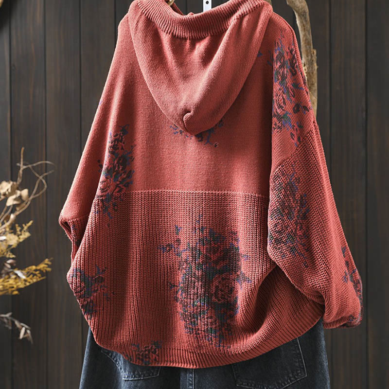 Buddha Stones Women's Knitted Floral Cotton Long Sleeve Hooded Sweater - image 5