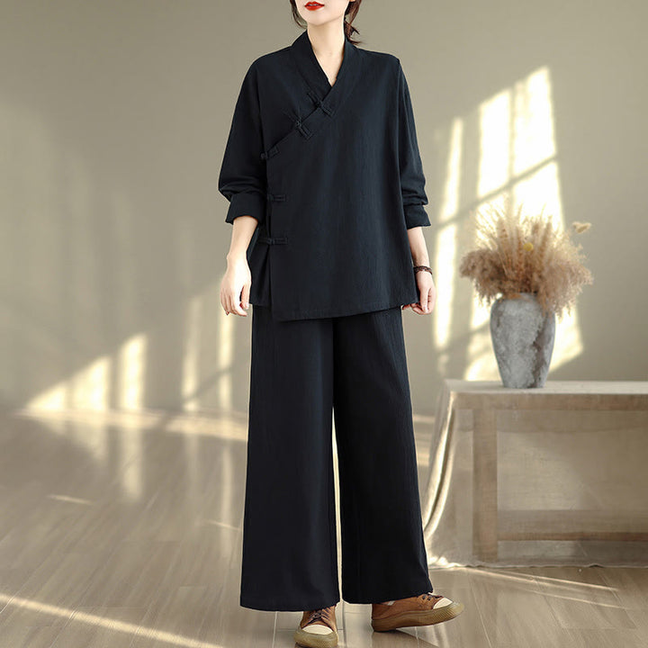 Buddha Stones 2Pcs V-Neck Long Sleeve Shirt Wide Leg Pants Zen Meditation Women's Set - Black Shirt&Pants - US8-10，UK/AU12-14，EU40-42 (2XL) - image 12