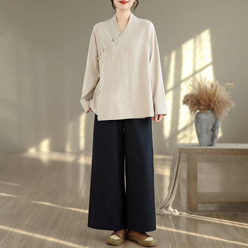 Buddha Stones 2Pcs V-Neck Long Sleeve Shirt Wide Leg Pants Zen Meditation Women's Set - Beige Shirt&Black Pants - US8-10，UK/AU12-14，EU40-42 (2XL) - image 0