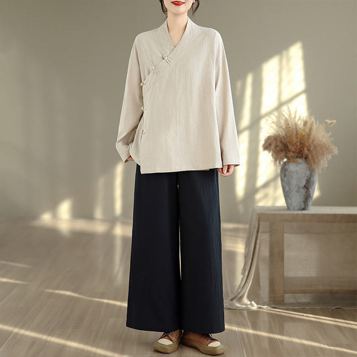 Buddha Stones 2Pcs V-Neck Long Sleeve Shirt Wide Leg Pants Zen Meditation Women's Set - Beige Shirt&Black Pants - US8-10，UK/AU12-14，EU40-42 (2XL) - image 0