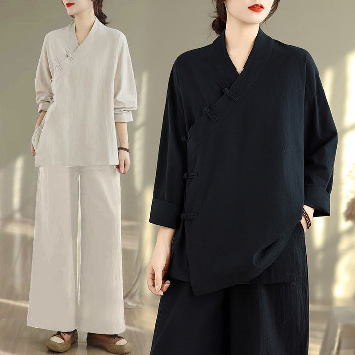 Buddha Stones 2Pcs V-Neck Long Sleeve Shirt Wide Leg Pants Zen Meditation Women's Set - image 23